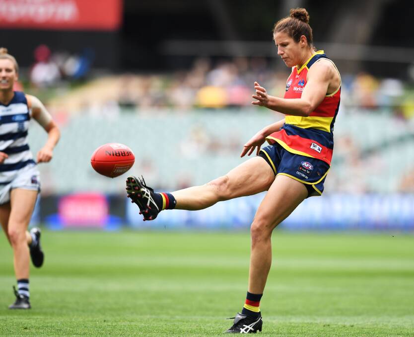 KICKING GOALS: Jess Foley in action for Adelaide during the Crows' AFLW Preliminary Final match against Geelong in 2019. Picture: Getty Images