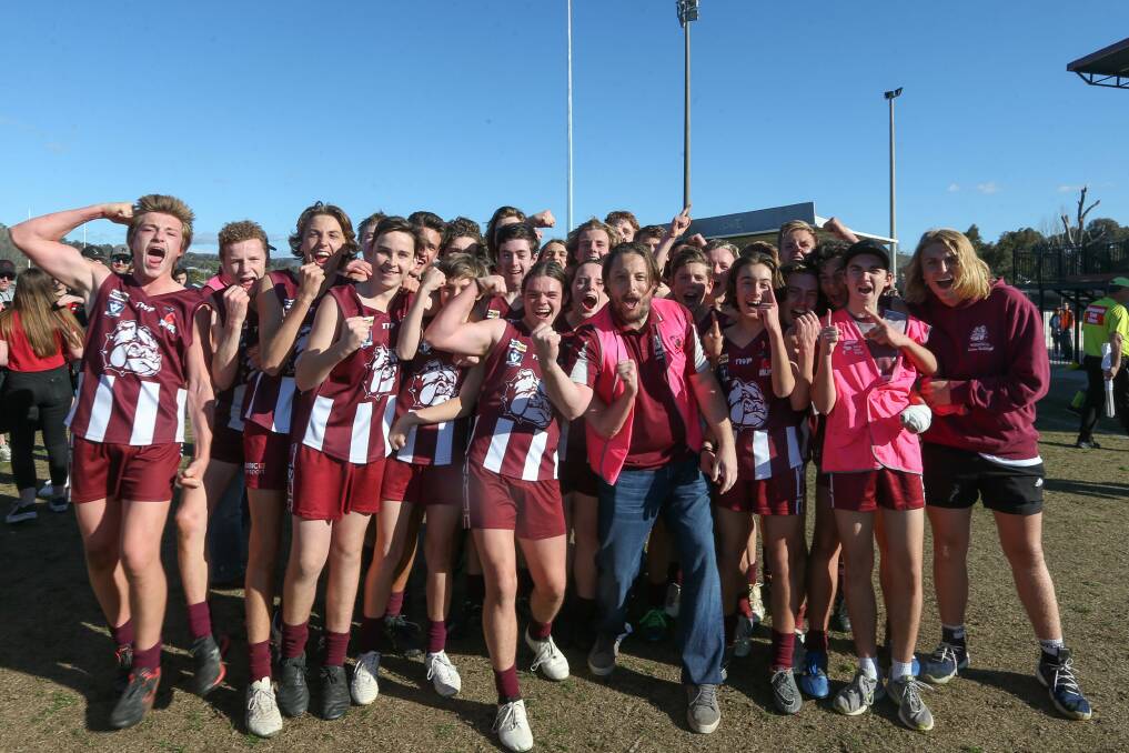 PREMIERS: Wodonga Maroon celebrates taking out the under-16's junior football grand final in a two point win against Albury at Martin Park on Sunday. Pictures: TARA TREWHELLA.