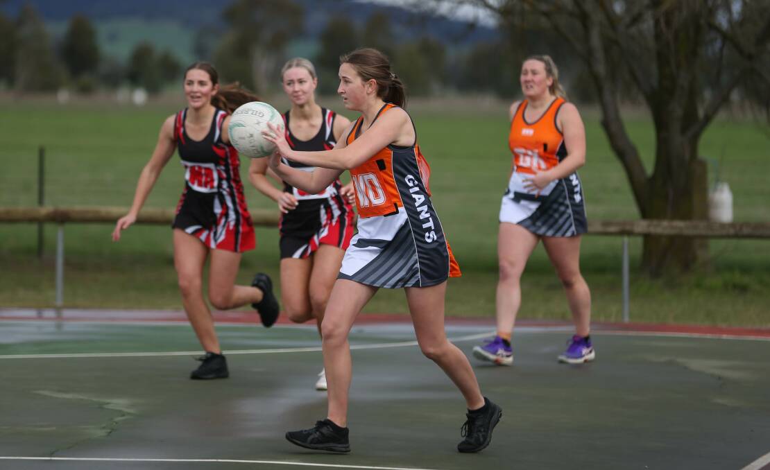 OPPORTUNITY ARISES: Rand-Walbundrie-Walla's Caitlyn Wardius made the step up into the A-grade side alongside Caitlin Kotzur during the Giants' win against Brock-Burrum in Walla on Saturday. Picture: TARA TREWHELLA