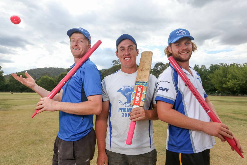 PINK: Yackandandah's Mitch Maginness, Bailey Glass and Jay Hillary are ready for the club's Pink Stumps Day this weekend. Picture: TARA TREWHELLA