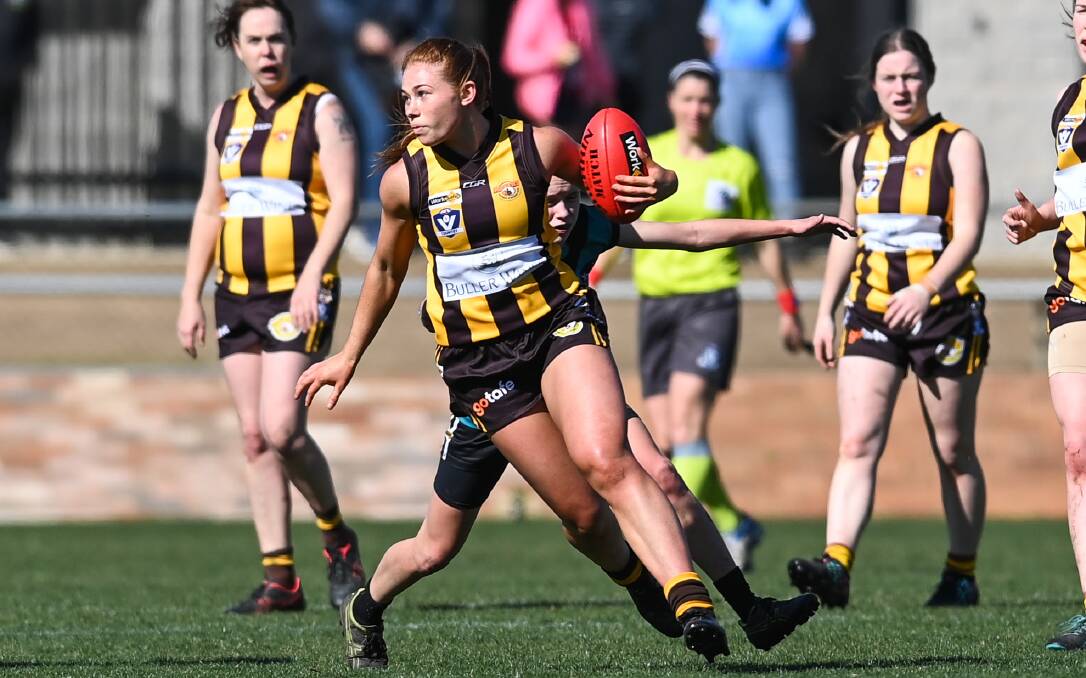FLYING: Wangaratta Rovers' Mikaela Trethowan in action for the Hawks during the elimination final against Murray Felines. Picture: MARK JESSER