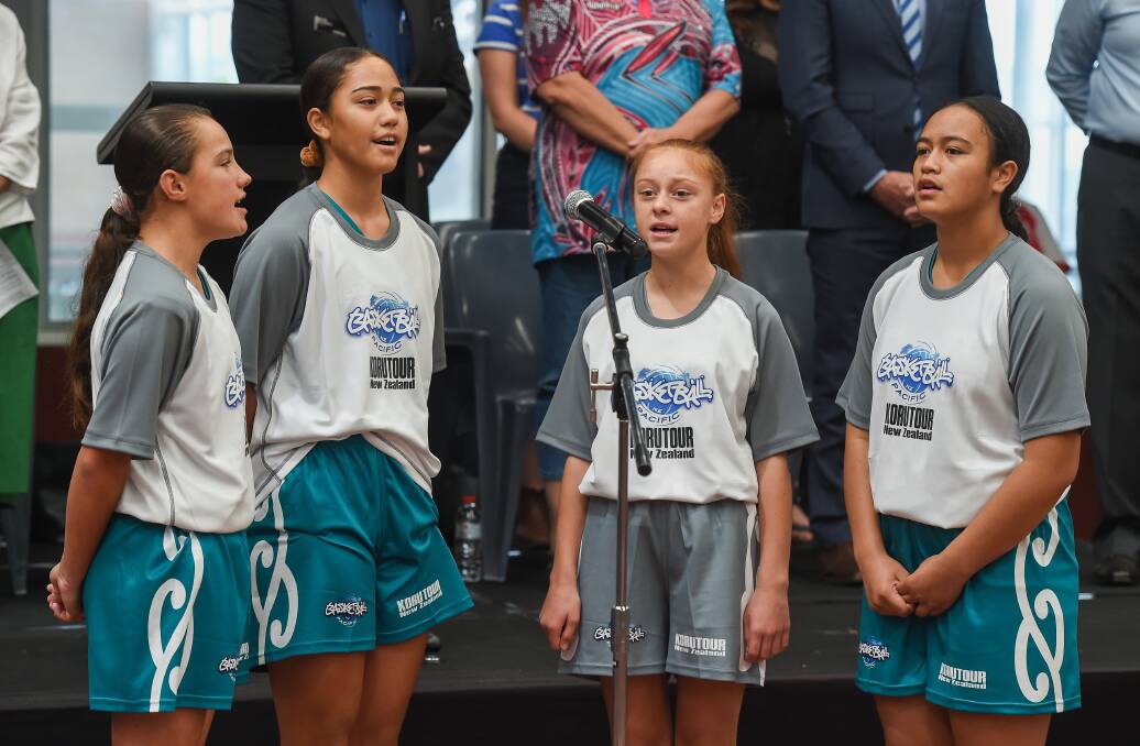 PRIDE: Josey Hansen, Arahia Edwards, Makere Toki, Rhylee Enoka sing the New Zealand national anthem to open the basketball tournament on the Border.