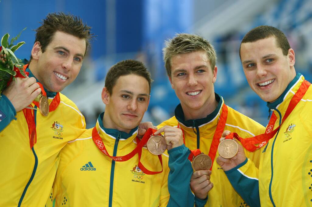 BRONZE: Patrick Murphy with Grant Hackett, Nick Frost and Grant Brits after claiming bronze at the 2008 Beijing Olympic Games. Picture: Getty Images