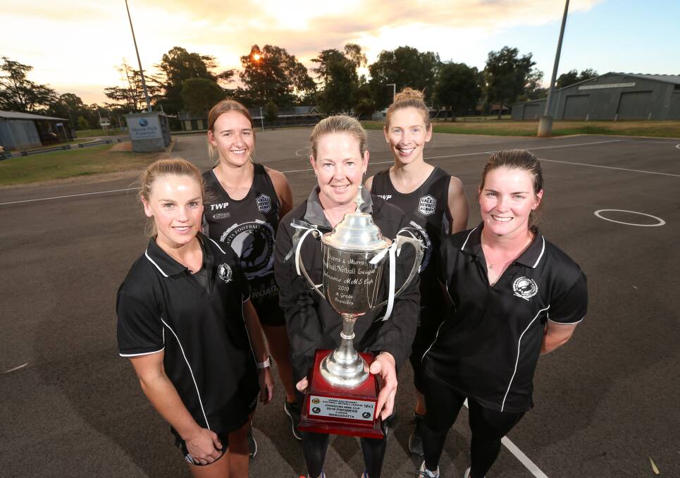 NETBALL'S BACK: Wangaratta premiership players Issy Byrne, Hannah Grady, Kellie Keen, Katie Dean and Chaye Crimmins. Picture: JAMES WILTSHIRE