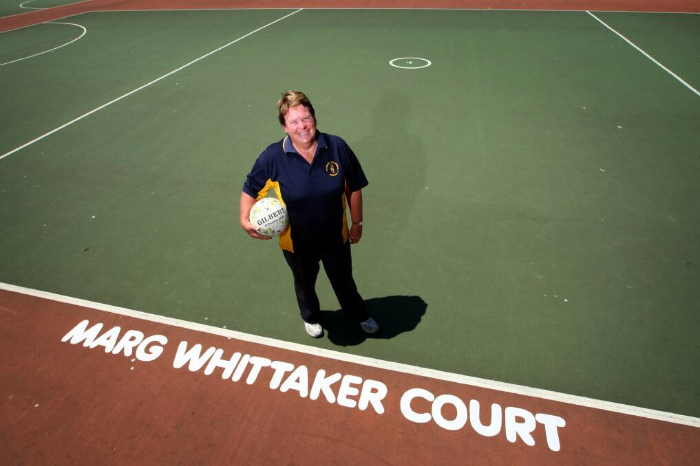 MEMORIES: Marg Whittaker at the J.C King Park netball court which was named in her honour in 2012 after years of dedication to the Albury Netball Association.