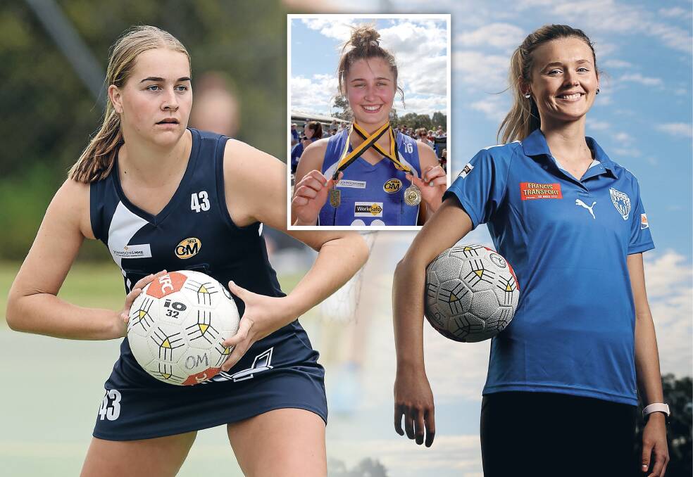 UP FOR THE CHALLENGE: Yarrawonga's Tilly Kennedy and Corowa-Rutherglen's Zoe McLeish and Sophie Hanrahan have been selected in City West Falcons' division one squad for this year's Victorian Netball League season.