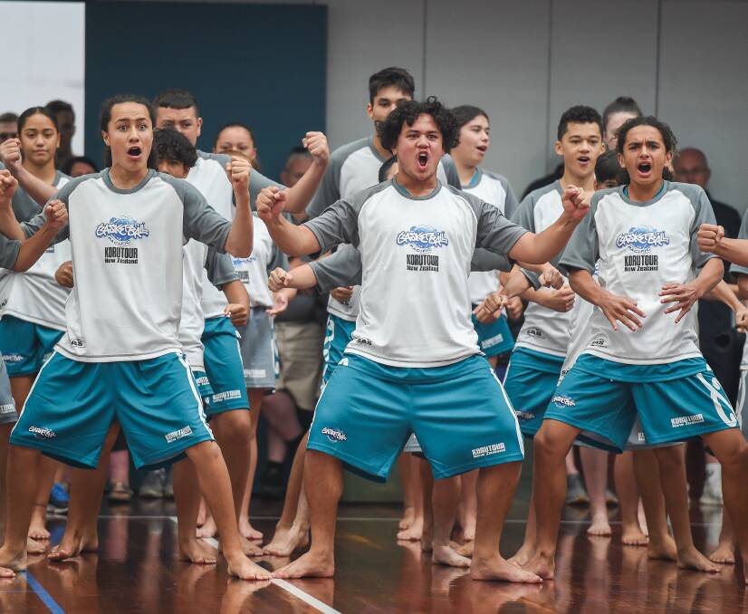 READY: New Zealand players Renata Ngata, Lewis Hansen and Salem Broughton performing the haka during the opening ceremony in Wodonga on Monday.