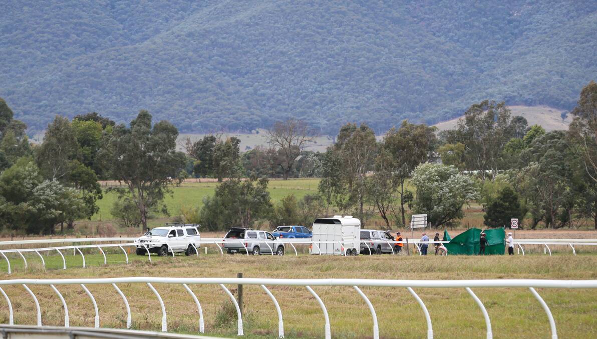 Officials attend to an incident involving Coolamine on the final turn of the Dederang Cup.