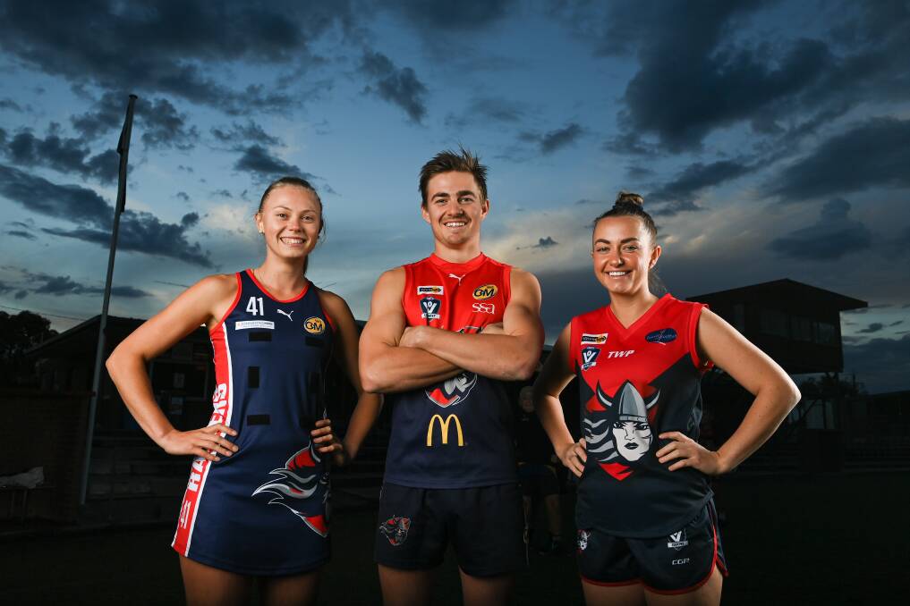 COMING TOGETHER: Wodonga Raiders' netballer Lilly Smith and footballers Cooper Daly and Skye Burgess will all take to the field and court on the same day against Rovers for the Raiders Women's Club Day. Picture: MARK JESSER