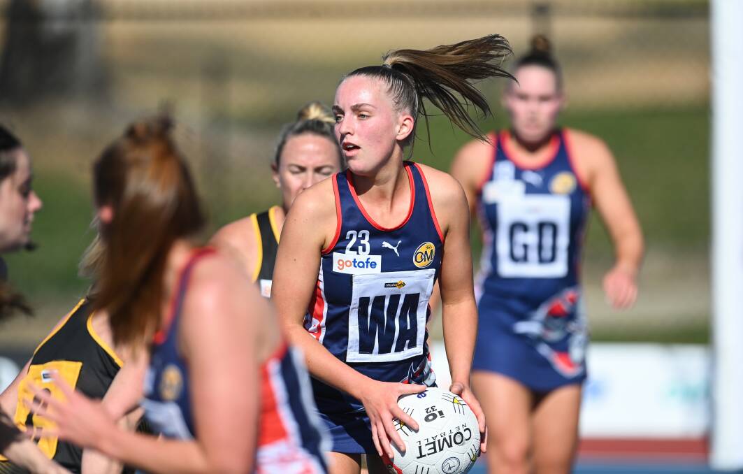 NAIL-BITER: Wodonga Raiders' Blaynee House was strong in the midcourt as the home side fell short to Albury Tigers by two goals at Birallee Park in an Ovens and Murray League netball clash on Saturday. Pictures: MARK JESSER