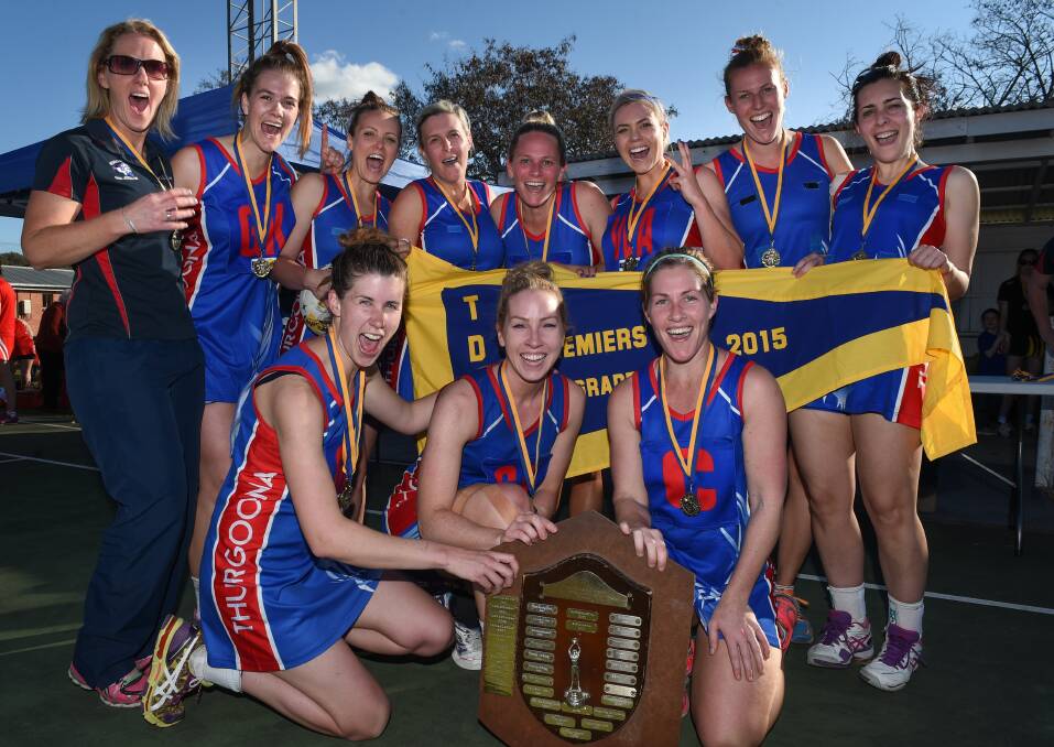 FLASHBACK: Former Thurgoona coach Zanelle Gerecke with the Bulldogs 2015 Tallangatta and District League netball premiership side after winning the grand final.
