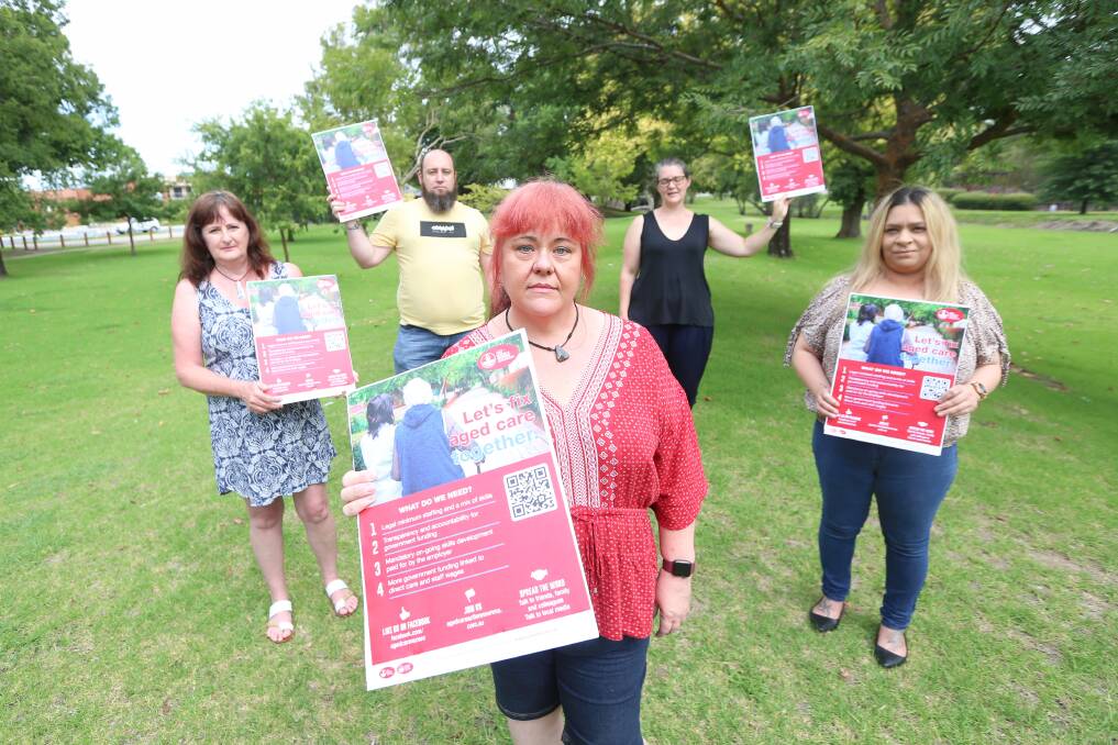 UNITED: Glenda Skates, Aaron Churchill, Janine Quinn (front), Lannelle Bailey and Peggy Andreou in Albury yesterday to highlight the need for changes to the aged care sector. Picture: JAMES WILTSHIRE