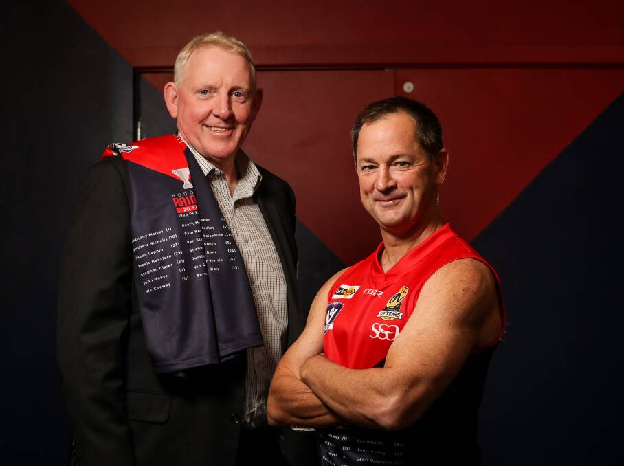 RED AND BLUE: Raiders premiership coach Darren Harris (right) has signed on to lead West Perth next season, taking the role over from former teammate Geoff Valentine.