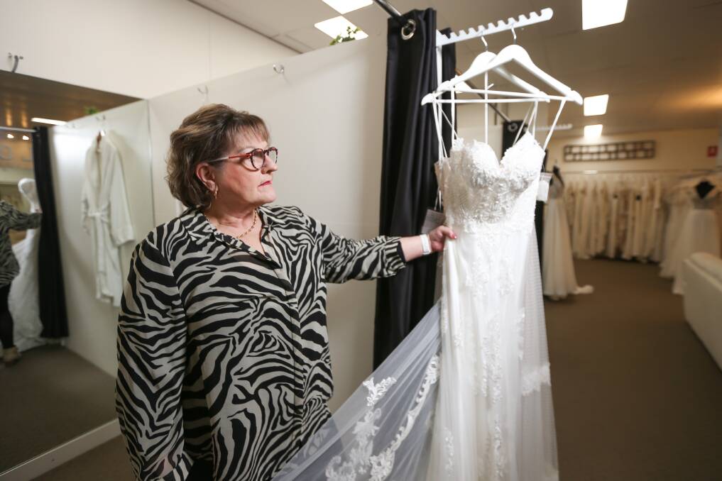 TOUGH TIMES: Albury's Jack and Jill Bridal shop owner Sandra Stewart is facing another possible store closure with weddings and debuntante balls postponed due to COVID-19. Picture: JAMES WILTSHIRE