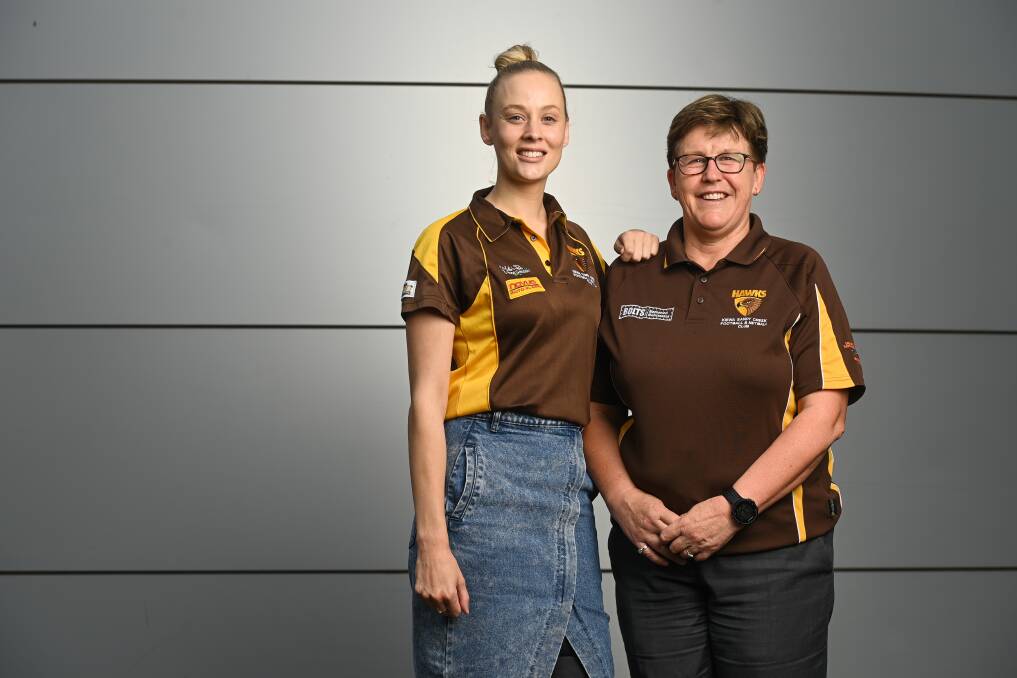 BROWN AND GOLD: Kiewa-Sandy Creek captain Ellen Cook and coach Kath Evans have enjoyed a prolonged period as the reigning premiers, but are now ready to start the new Tallangatta and District season. Picture: MARK JESSER