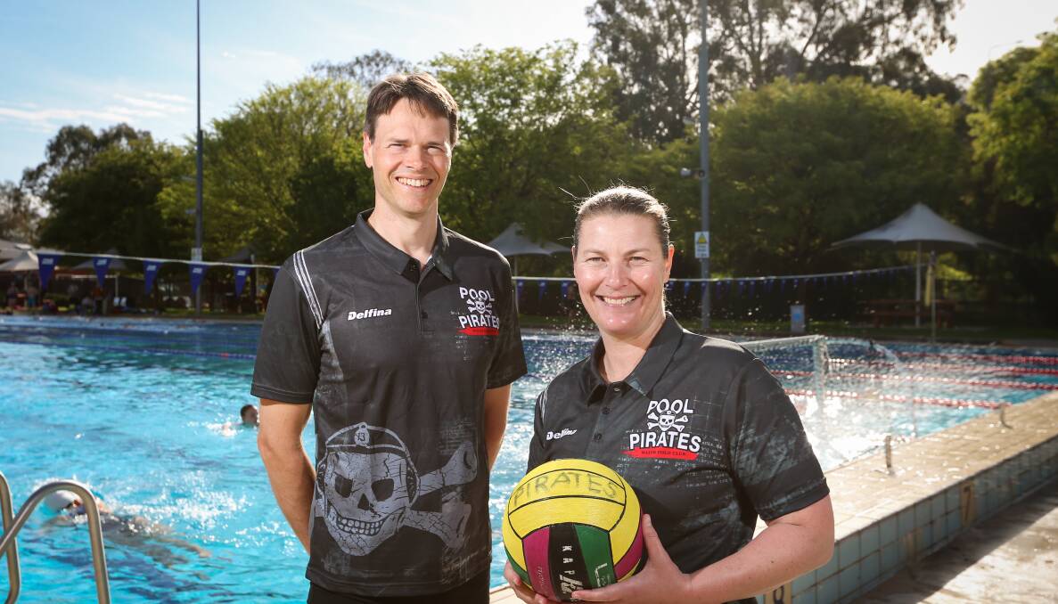 SPLASH: Pool Pirates new A-grade men's coach Andrew Gott and returning A-grade women's coach Kristy Hogan ahead of the water polo season. Picture: JAMES WILTSHIRE