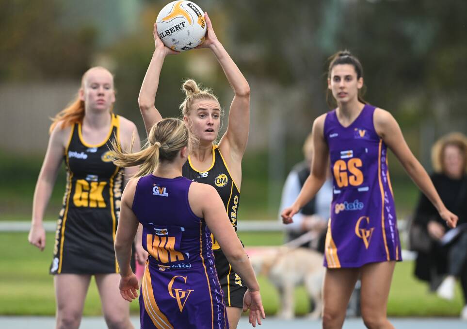 FINDING HER FEET: South Australian recruit Ellie Cooper in action for the Ovens and Murray League against the Goulburn Valley League on the weekend, in what is the 23-year-old's first season with Myrtleford. Picture: MARK JESSER