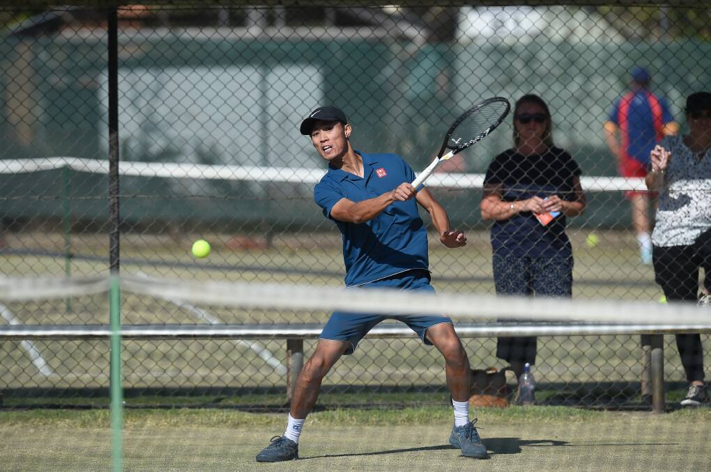 FOREHAND: Phillip Nguyen of Canberra hits a forehand during the AMT Men's Singles at the Easter tournament in Albury on Saturday.