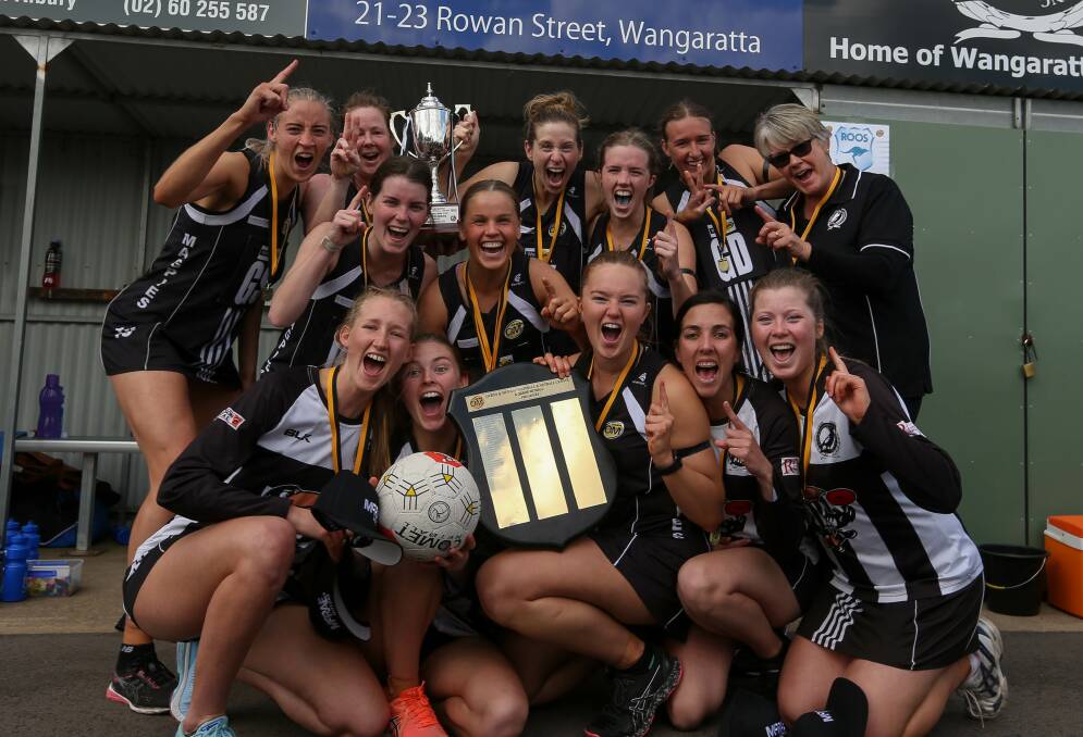 MEMORIES: Lou Byrne pictured with Wangaratta's A-grade premiership side after the 2019 Ovens and Murray grand final, making them back-to-back premiers.