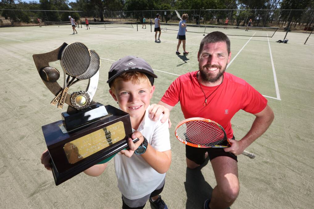 Burrumbuttock's Wil Lindner and Steve Campbell before the 2018 tournaments which will be held again by the Burrumbuttock Tennis Club in March.