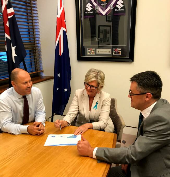 FACE-TO-FACE: Treasurer Josh Frydenberg met with Indi MP Helen Haines and Wodonga mayor Kevin Poulton to discuss Indis Budget priorities in Parliament House on Tuesday night.