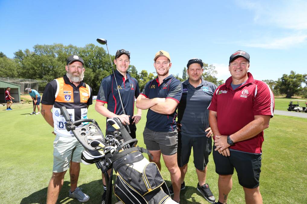 UNITED: Saints' Jonathan Campbell, Raiders' Alex Daly and Connor Newnham, Crays' Mark Williams and Bulldogs' Mick Mathey at the golf day on Friday.