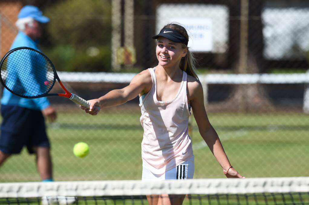 Wodonga's Ruby Hodgkin in action at the Wodonga Tennis Centre last year.