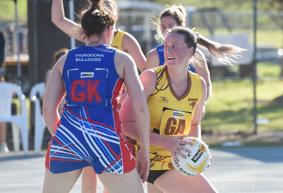 LUCKY CHARM: Rebecca Evans in action during the Hawks' grand final win against Thurgoona at Sandy Creek on Saturday. Picture: MARK JESSER.