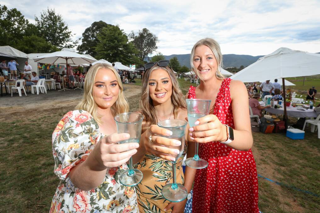 CHEERS: Sheydin Pritchard, Memphis Eames and Bridget Martin enjoying the races in Dederang on the weekend.