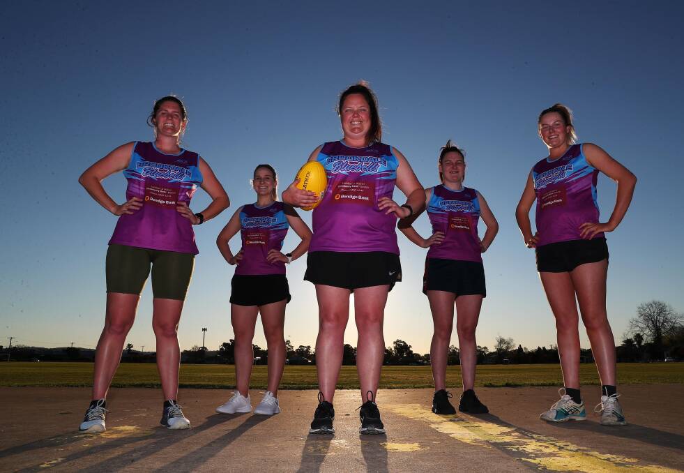 ON THE HUNT: Brookdale Bluebells' Lucy Taylor, Lara Batkin, Claire Lane, Ebony Wooden and Megan O'Brien are on the hunt for players from the Hume league to join them for next season. Picture: EMMA HILLIER