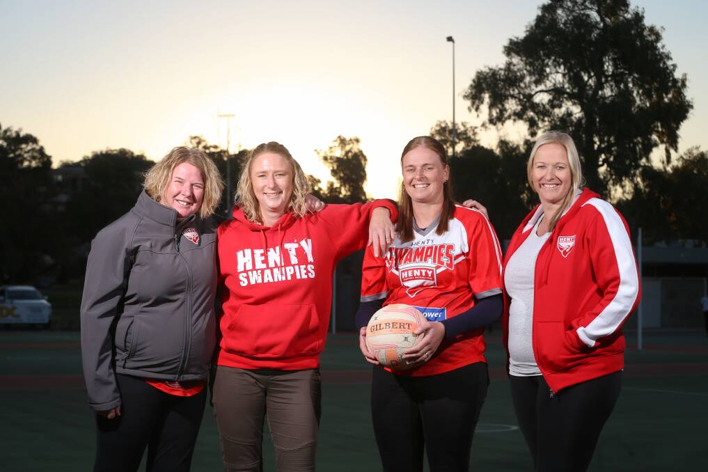SWAMPIES: Henty sisters Fiona Schulz, Tania Wettern, Denise James and Nicole Mighalls look back on years of dedication to Hume League netball. Pictures: JAMES WILTSHIRE