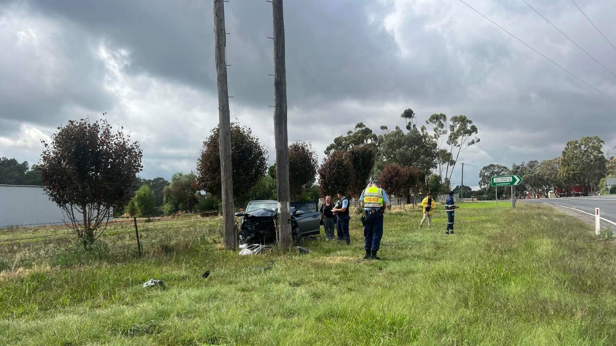 Emergency services were called to the Sturt Highway, The Rock-Collingullie Road after a car hit a pole at Collingullie. Picture supplied 