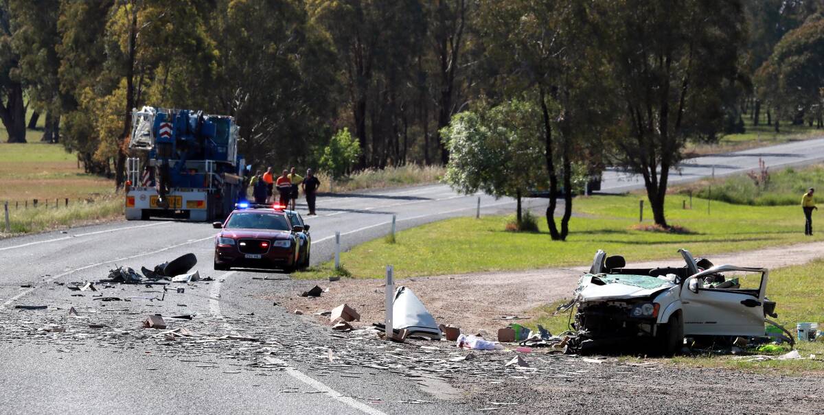 INVESTIGATION: The scene of the crash involving a ute and a mobile crane on the Sturt Highway near Alfredtown yesterday. Picture: Les Smith