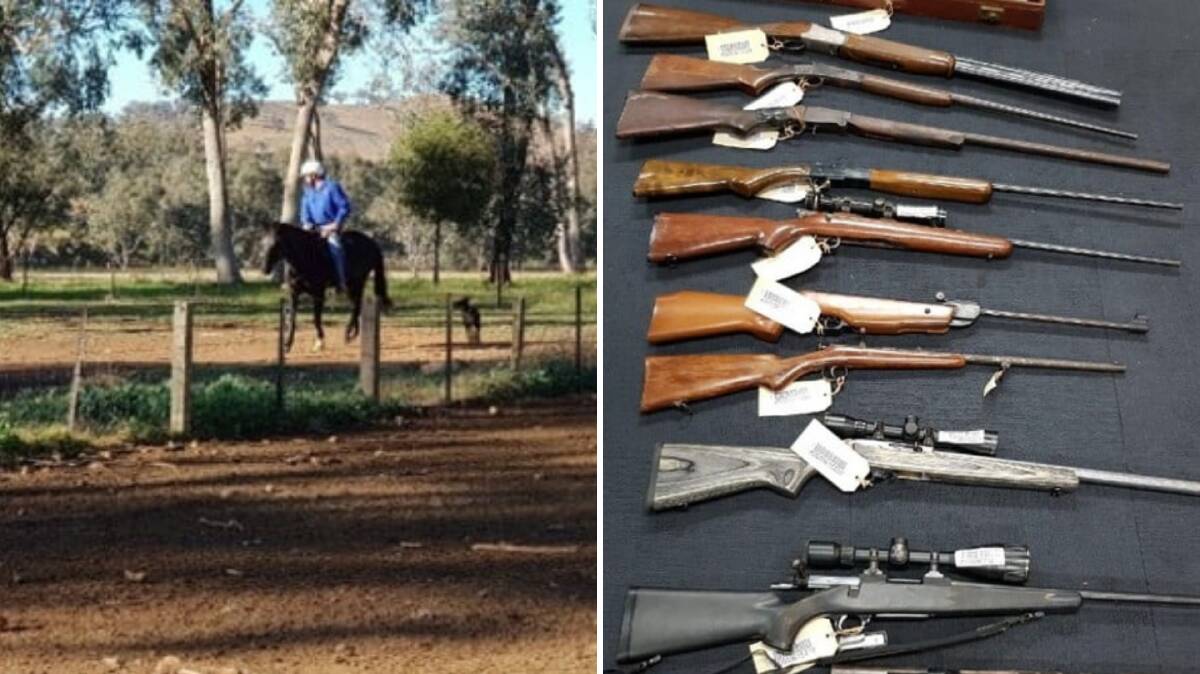 A rural crime investigator on the scene, and some of the 14 guns police seized. Pictures: NSW Police 