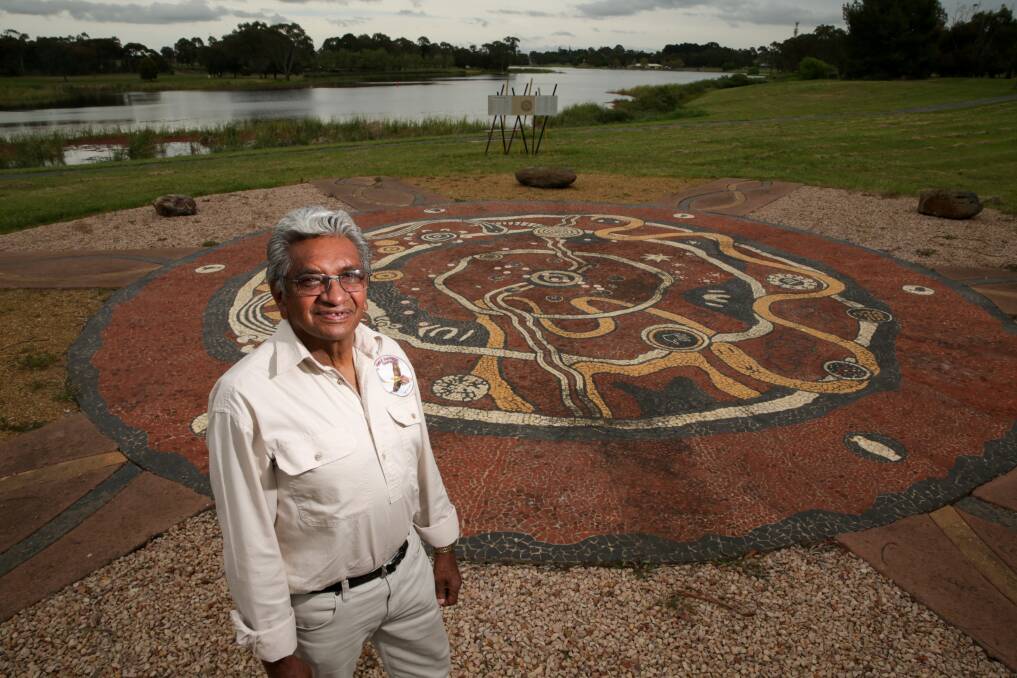 Boandik Gunditjmara Elder Uncle Johnny Lovett pictured at the Lake Hamilton Aboriginal Sundial. Picture: Chris Doheny