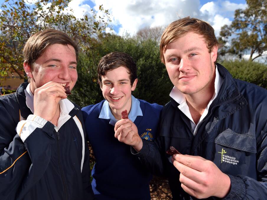 ENTREPRENEURS: Catholic College Wodonga year 11 students Sam Hill, Bryce Haley, and Lachie Whiteley, all 17. Picture: MARK JESSER