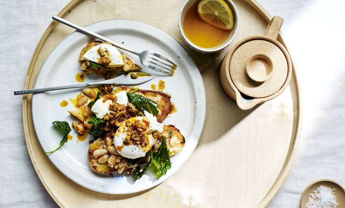 White bean smash with eggs, kale and brown butter. Picture: James Moffatt