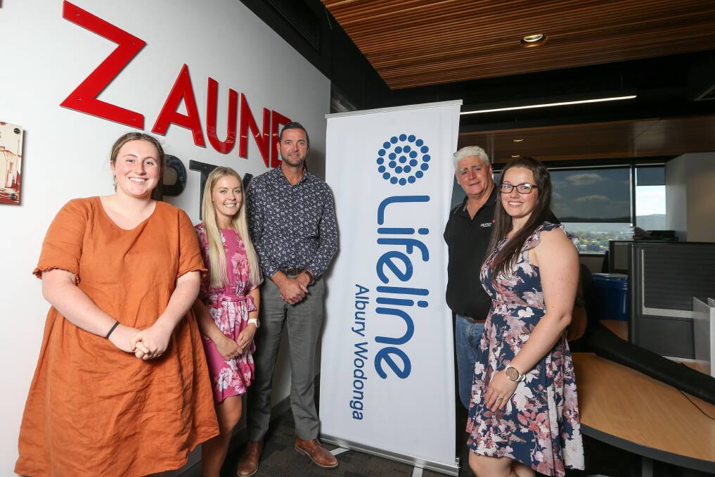 GIVING BACK: Meg Waite, Melissa Pricsina, Matt Chisholm, Jerry Miles and Sophia Aylward of Zauner Construction are all involved in the workplace giving scheme for Lifeline. Picture: TARA TREWHELLA