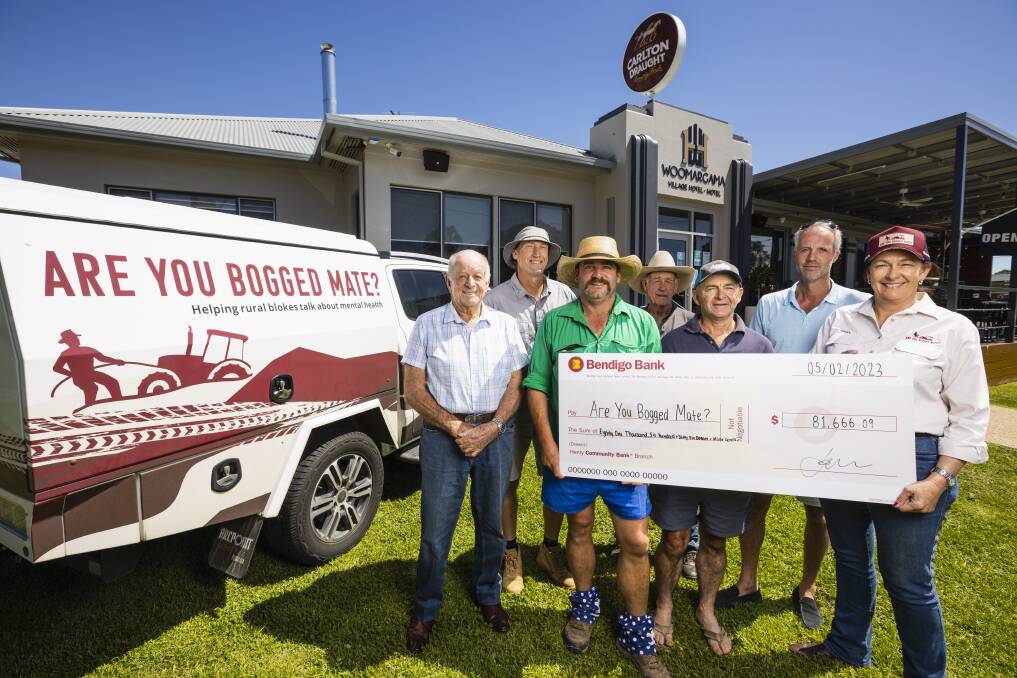 Are You Bogged Mate? founder Mary O'Brien (right) was 'humbled' to receive the donation from (left) Warren Mitchell, Greg Webb, Lachy Snow, Dick Shanahan, James Plunkett, and Jochem Heijse.