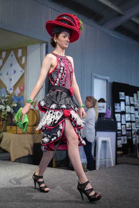 The stunning Merino wool dress and hat titled 'Coming up Roses' won the supreme garment for New Zealand designer Laurel Judd at the Henty field days on Thursday. Picture by Kim Woods