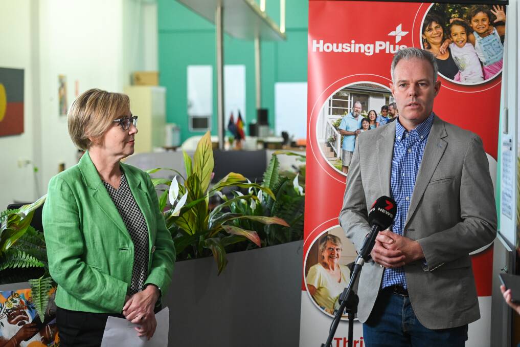 Jodie Harrison, the NSW minister for the prevention of domestic violence and sexual assault, with Housing Plus CEO Justin Cantelo during the media briefing for Albury's new women and children's refuge. Picture by Mark Jesser