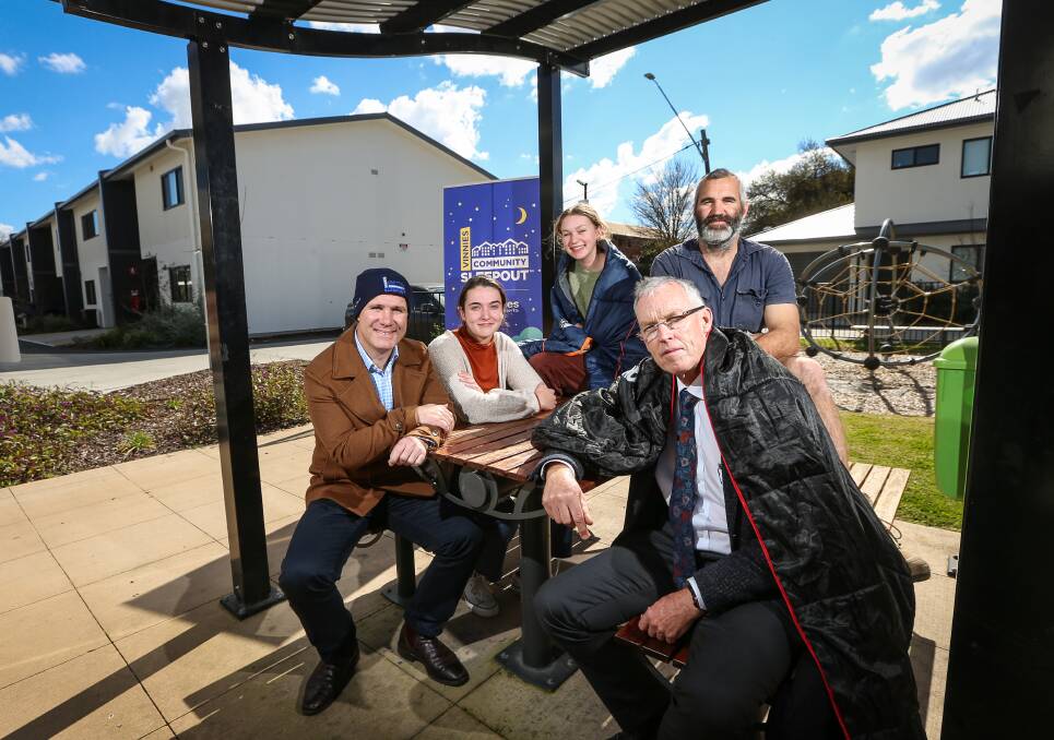SHOW YOUR SUPPORT: Albury MP Justin Clancy, Greta McAlister, 17, Milla Nichol, 15, Matt Flower and Stuart Baker are calling for more volunteers to join Albury's community sleepout to raise awareness of homelessness. Picture: JAMES WILTSHIRE