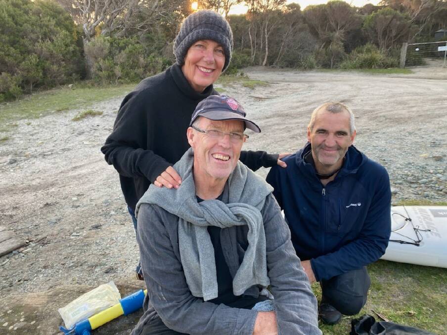 PADDLE FOR SURVIVORS: Albury's Stuart Baker and Matt Flower (pictured with Annette Baker) tackled the notorious Bass Strait crossing in a double sea kayak to raise money to support this year's Winter Solstice event. Picture: NOMAD FILMS