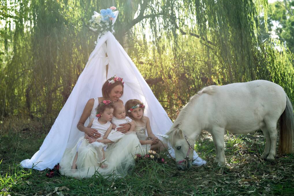 WE ARE FAMILY: Robyn Statham, of Howlong, with daughters Olive, 3,  Mabel, 1, and Pearl, 5 ahead of the first Border Unicorn Festival on May 27. Pictures: CARMELA PARKIN