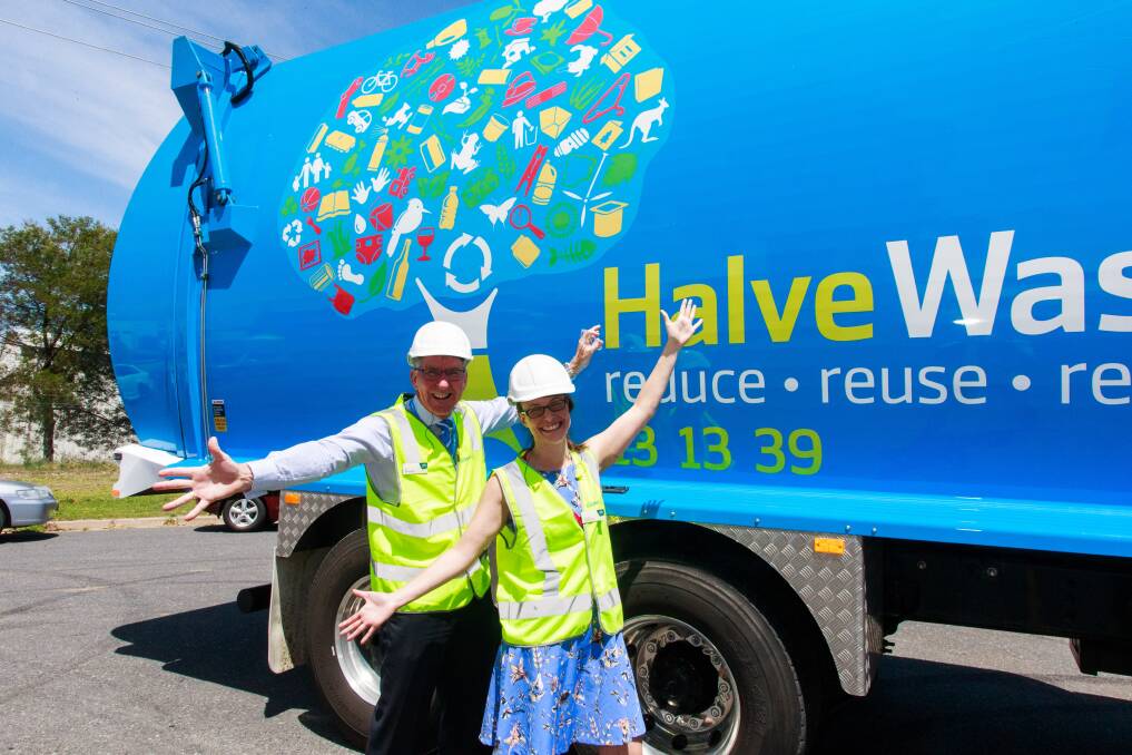 WASTE NOT, WANT NOT: Albury mayor Kevin Mack with deputy Amanda Cohn after their guided tour of Cleanaway's new recycling plant at Lavington. PIcture: SIMON BAYLISS