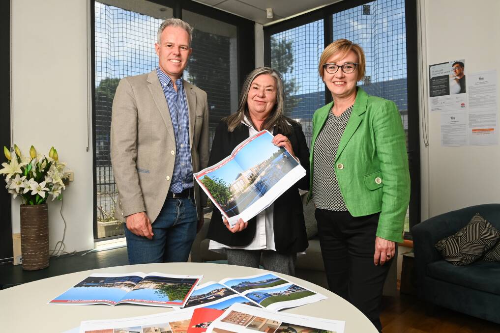 Housing Plus CEO Justin Cantelo with Yes Unlimited CEO Di Glover and NSW Minister for Women Jodie Harrison in Albury to confirm plans for the $6.1m refuge for women and children escaping domestic and family violence. Picture by Mark Jesser