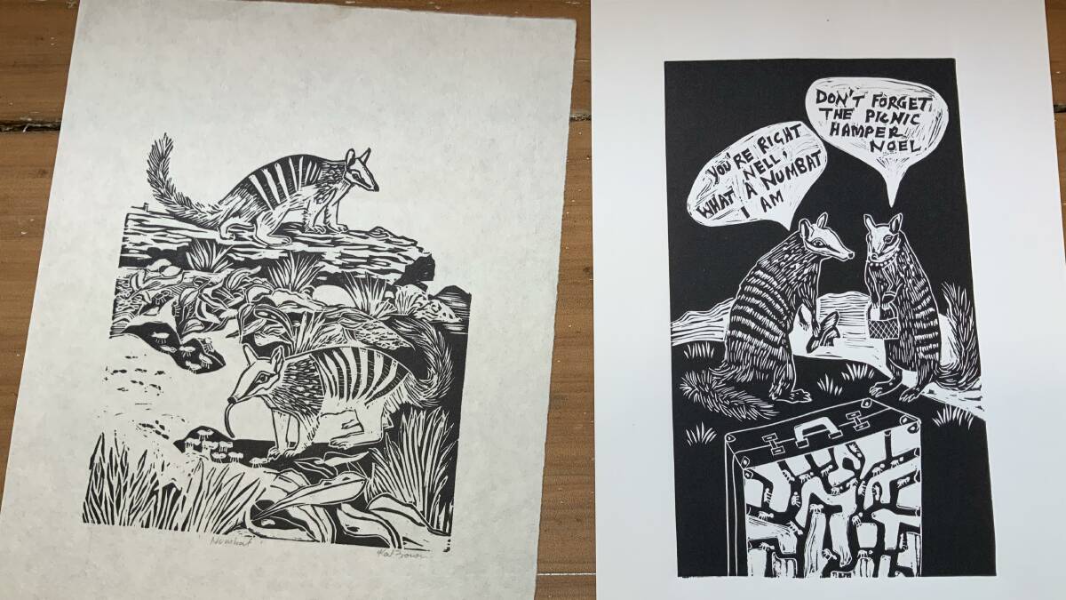 SERIOUS FUN: The numbat prints from Corryong artist Kat Brown - the one on the left was the one she contributed to the Australiana colouring book and the one on the right was a light-hearted take on the animals she finds captivating.