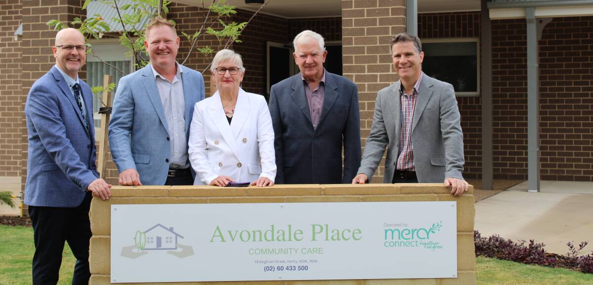 Mercy Connect chief executive Trent Dean, Henty Respite Board chair Ben Hooper, Alison and Peter Campbell with Albury MP Justin Clancy at the opening of Henty's new respite facility yesterday. Picture supplied