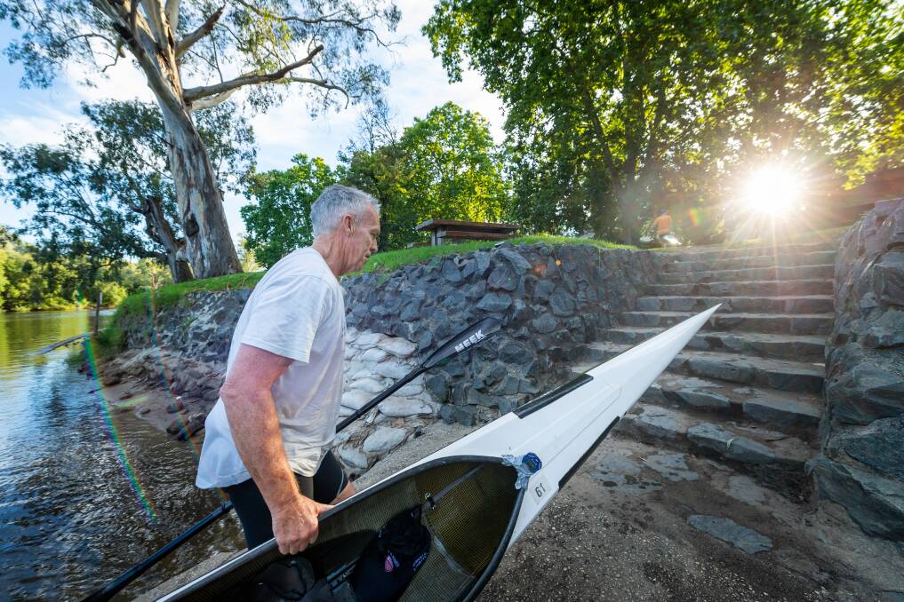 PADDLING WITH A PURPOSE: Albury mental health advocate Stuart Baker is up early to fit in plenty of paddling practise on the Murray River ahead of his Bass Strait crossing with Matt Flower in April. Pictures: MARK JESSER