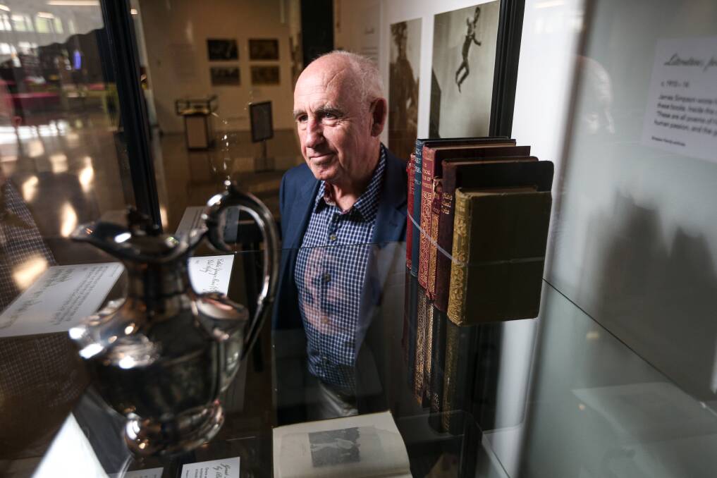 DISTINGUISHED SERVICE: Author Patrick Mangan with some of the treasured heirlooms on display at the Albury LIbraryMuseum. PIctures: JAMES WILTSHIRE